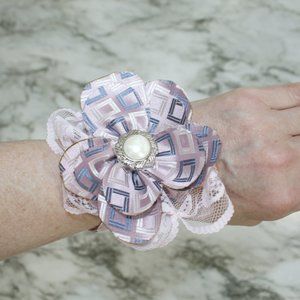 HAND CRAFTED Wrap Bracelet Pink Silver Squares Floral Upcycled Silk Necktie
